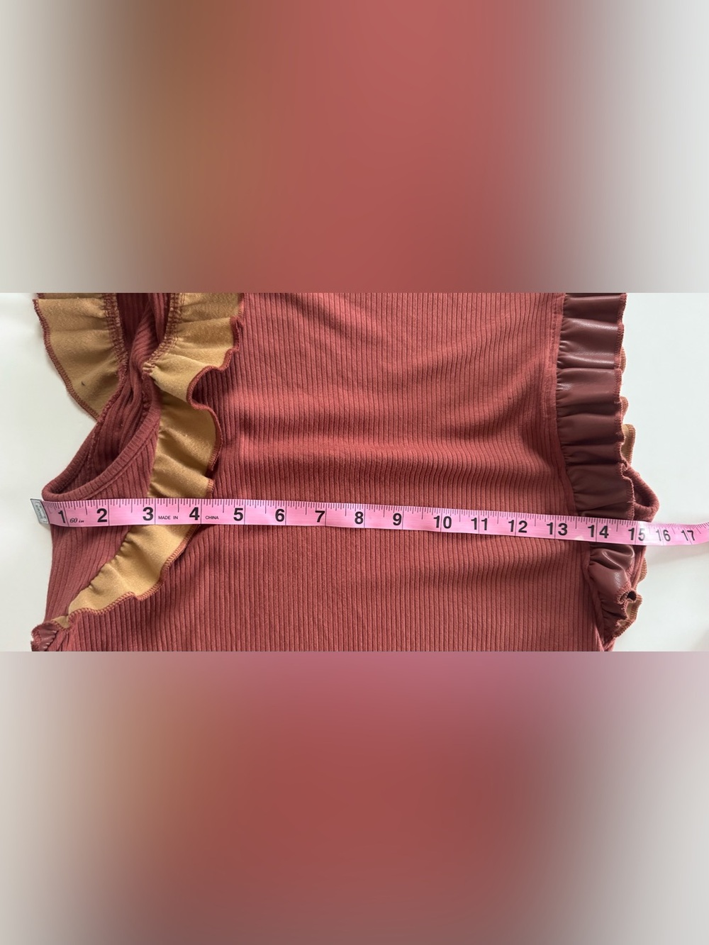 Doe & Rae Rust Ribbed Sleeveless Top with Ruffle Trim Medium - Picture 7 of 8